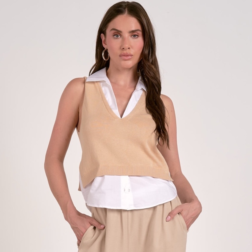 Cider Tan Sleeveless Button Down Shirt with Dress Collar